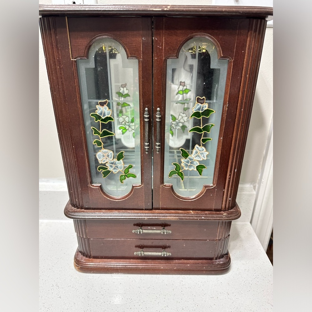 Vintage Wooden Jewelry Box with Drawers